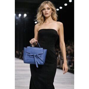 Annabel Ingall Blue Pebbled Leather Belted Satchel Top Handle Crossbody Bag